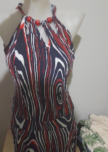 Renkli Bağlama Desenli Kolsuz Mini Tulum - Görsel 2