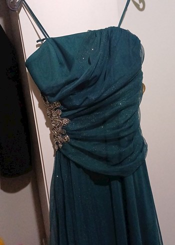 Uzun Turkuaz Drapeli Straplez Abiye Elbise - Görsel 3