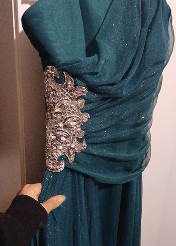 Uzun Turkuaz Drapeli Straplez Abiye Elbise - Görsel 2