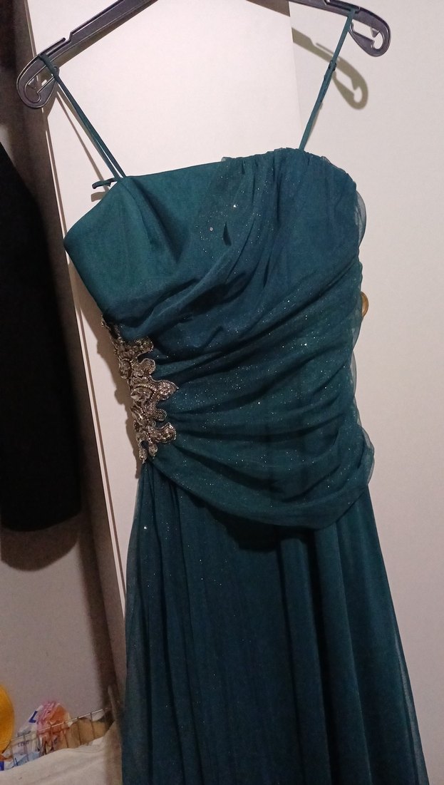 Uzun Turkuaz Drapeli Straplez Abiye Elbise - Görsel 3