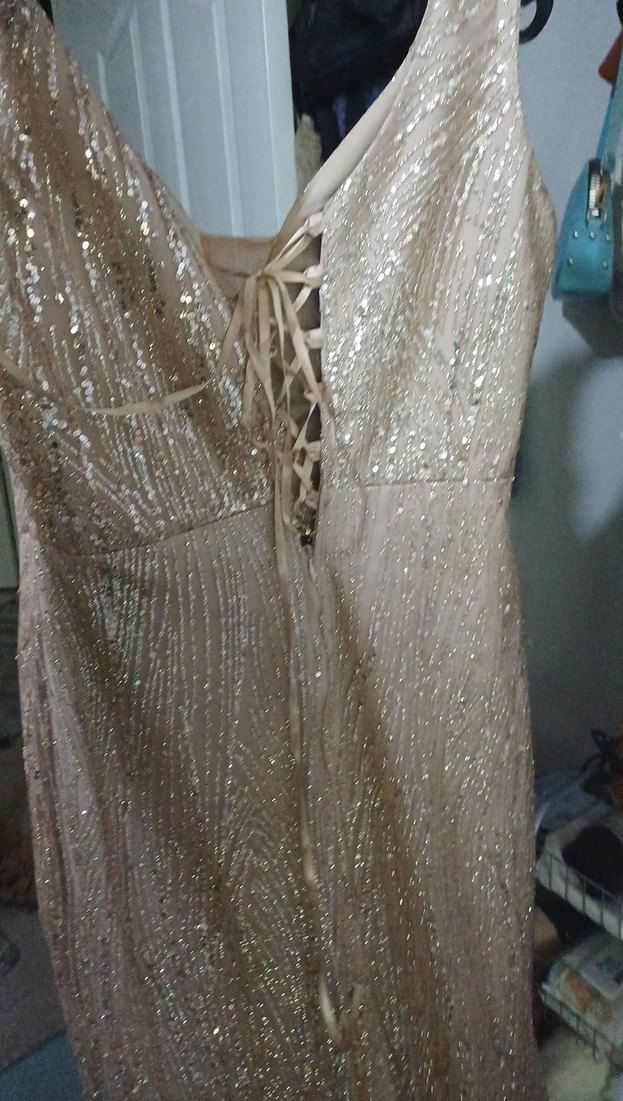 Bej Payetli Uzun V Yaka Kadın Elbise - Görsel 3