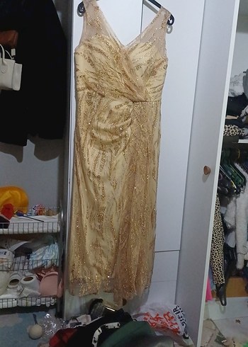 Bej İşlemeli Uzun Drapeli Abiye Elbise - Görsel 2