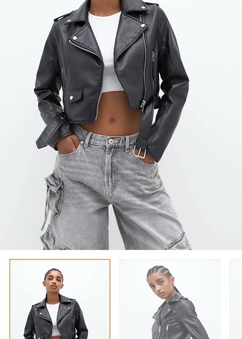 Pull and Bear Pullu and bear Kadın Siyah Deri Biker Ceket