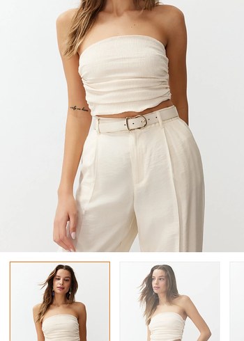 Bej Keten Kadın Crop Top - Görsel 9