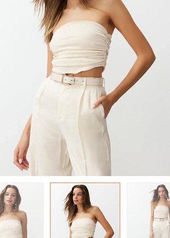 Bej Keten Kadın Crop Top - Görsel 8