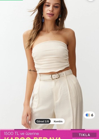 Bej Keten Kadın Crop Top - Görsel 2