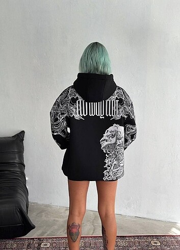 m Beden siyah Renk Üç İplik Baskılı Kapşonlu SweatShirt