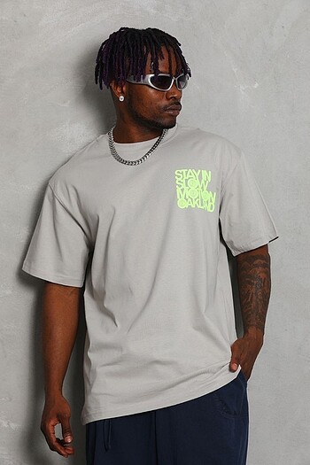 Unisex Oversize Baskılı Bisiklet Yaka T-Shirt