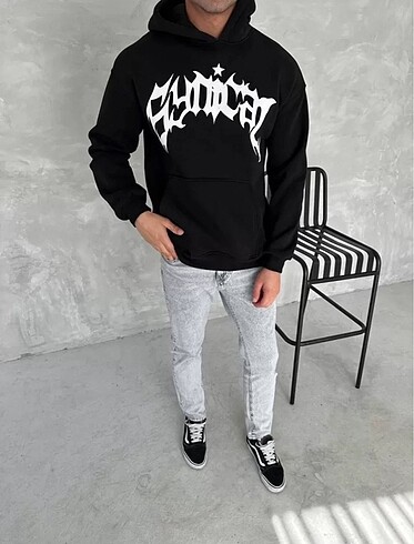 l/xl Beden Unisex Üç İplik Kapüşonlu Baskılı SweatShirt - Siyah