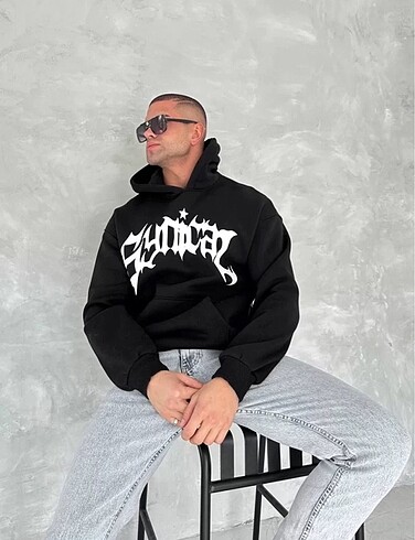 Diğer Unisex Üç İplik Kapüşonlu Baskılı SweatShirt - Siyah