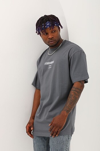 Unisex Oversize Baskılı Bisiklet Yaka T-Shirt