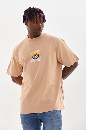 Diğer Unisex Baskılı Oversize T-Shirt - Bej