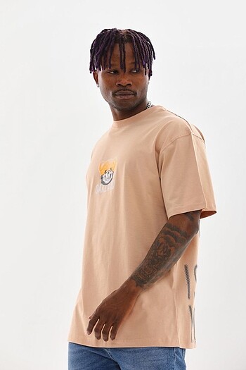 l/xl Beden Unisex Baskılı Oversize T-Shirt - Bej