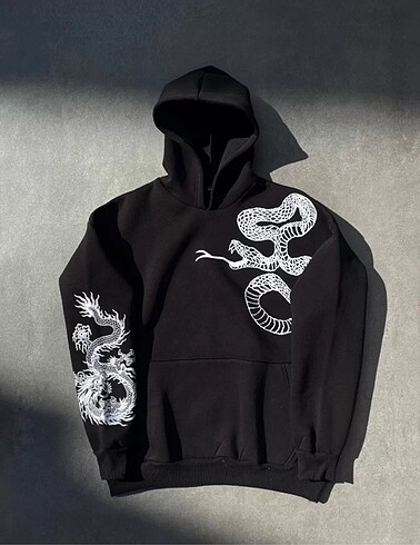 Uzun Kol Kapüşonlu Baskılı SweatShirt - Siyah