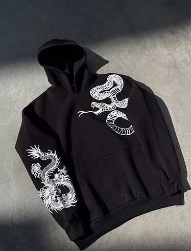 l/xl Beden Uzun Kol Kapüşonlu Baskılı SweatShirt - Siyah