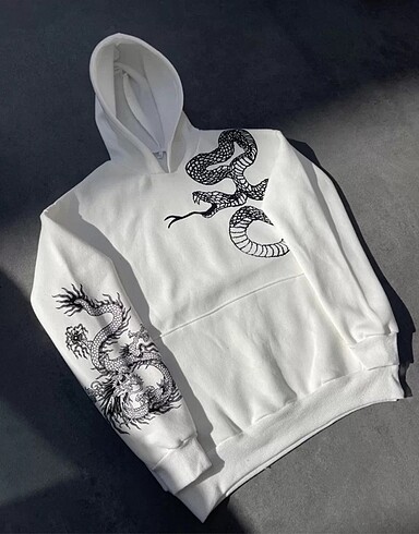 Diğer Uzun Kol Kapüşonlu Baskılı SweatShirt - Beyaz