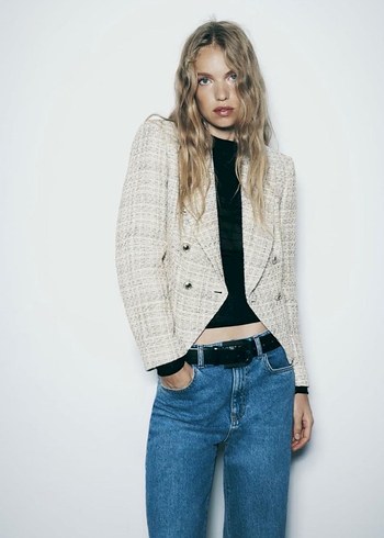 Zara Bej Düğmeli Kadın Midi Blazer Ceket - Görsel 3