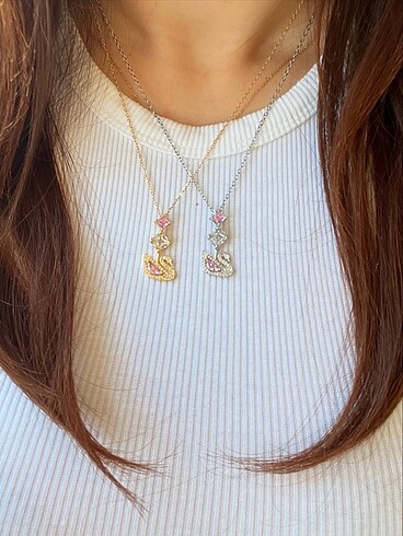 Beden çelik swarovski swan model pembe taşlı gold kolye