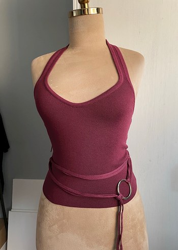 Bordo Halter Yaka Bel Detaylı Crop Top - Görsel 3