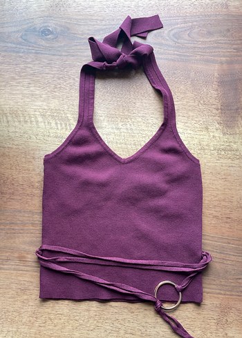 Bordo Halter Yaka Bel Detaylı Crop Top - Görsel 7