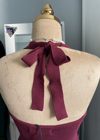 Bordo Halter Yaka Bel Detaylı Crop Top - Görsel 6