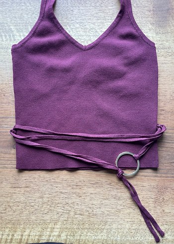 Bordo Halter Yaka Bel Detaylı Crop Top - Görsel 8