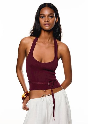 Bordo Halter Yaka Bel Detaylı Crop Top - Görsel 2