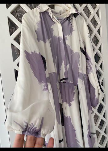 Mor Gri tesettür  Desenli Uzun Kadın Elbise - Görsel 3