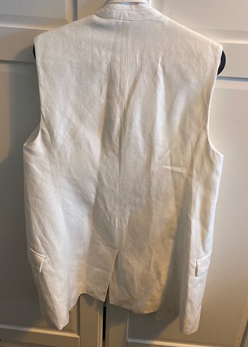Düz Beyaz Keten Kolsuz Midi Yelek - Görsel 2
