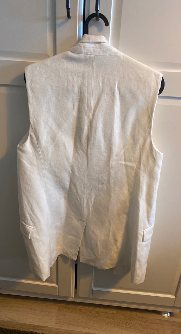 Düz Beyaz Keten Kolsuz Midi Yelek - Görsel 2