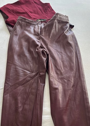 Bordo Deri Düğmeli Kolsuz Takım - Görsel 10