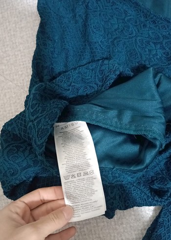 Petrol Yeşili  Dantel Uzun Kollu Midi Elbise - Görsel 4