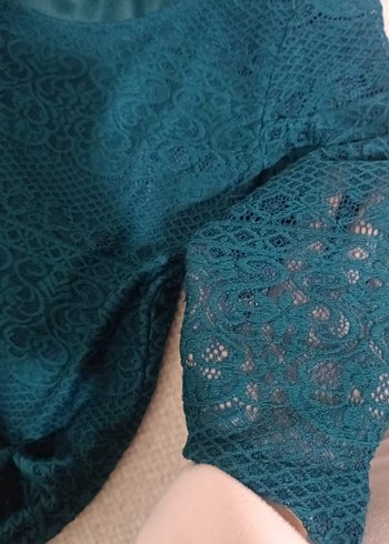 Petrol Yeşili  Dantel Uzun Kollu Midi Elbise - Görsel 3