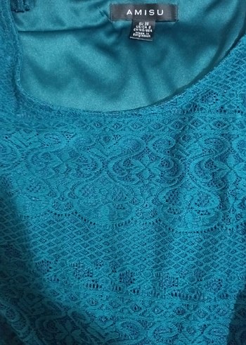 Petrol Yeşili  Dantel Uzun Kollu Midi Elbise - Görsel 2