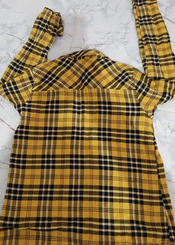 Sarı Ekose Desenli Kadın Kısa Kollu Gömlek - Görsel 5