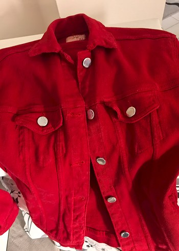 Kadın Kırmızı Düğmeli Denim Ceket - Görsel 2