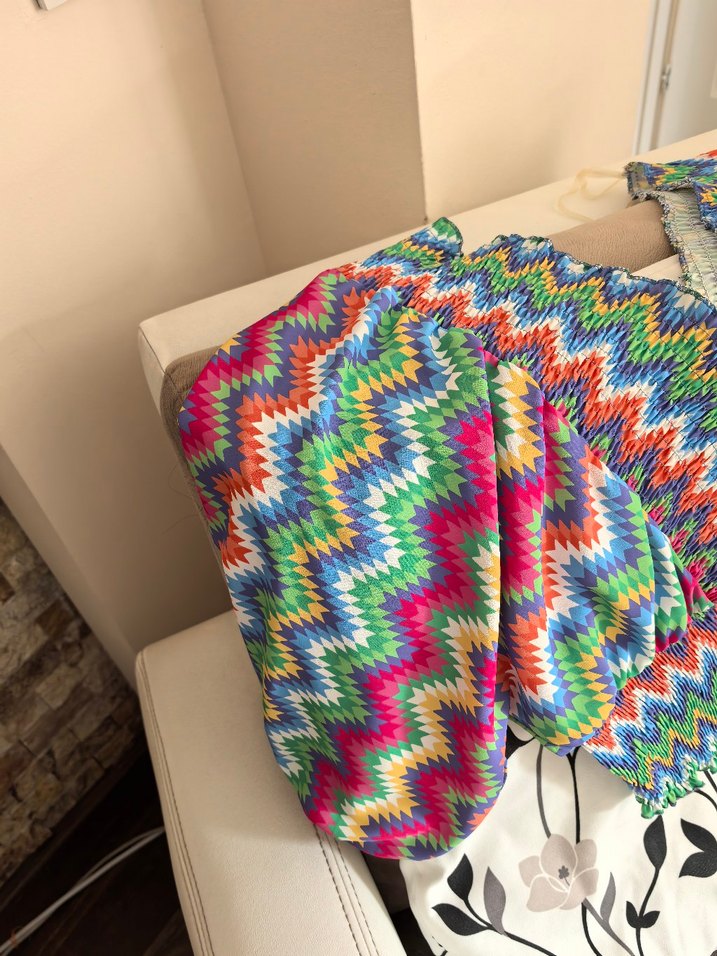 Renkli Bohem V-Yaka  bel hizası bluz - Görsel 3