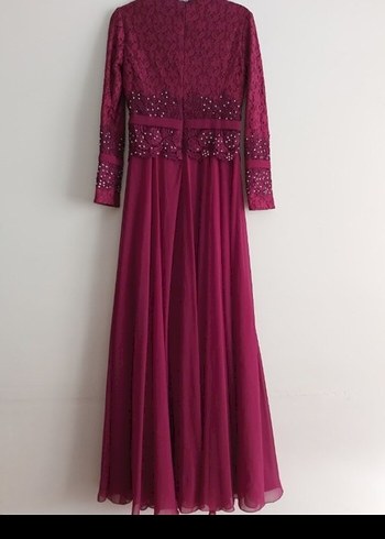 Bordo Uzun Kollu Drapeli Kadın Abiye Elbise - Görsel 4