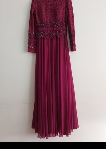 Bordo Uzun Kollu Drapeli Kadın Abiye Elbise - Görsel 3