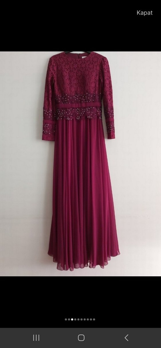 Bordo Uzun Kollu Drapeli Kadın Abiye Elbise - Görsel 3