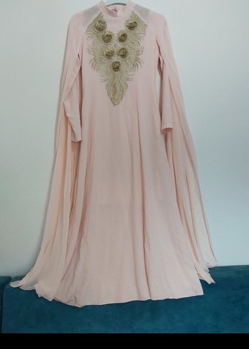 Pudra Rengi Yüksek Yakalı Uzun Abiye Elbise - Görsel 4