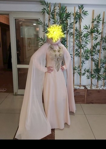 Pudra Rengi Yüksek Yakalı Uzun Abiye Elbise - Görsel 2