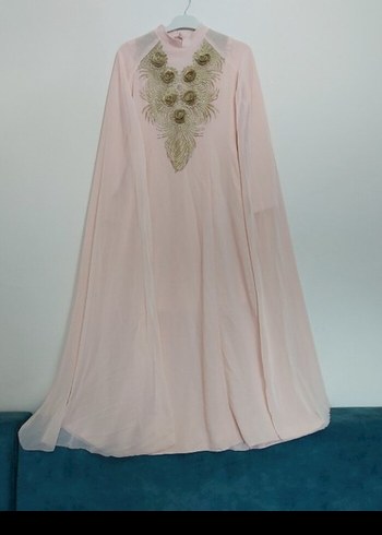 Pudra Rengi Yüksek Yakalı Uzun Abiye Elbise - Görsel 3