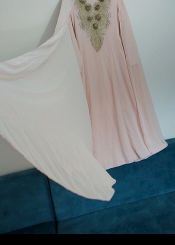 Pudra Rengi Yüksek Yakalı Uzun Abiye Elbise - Görsel 6