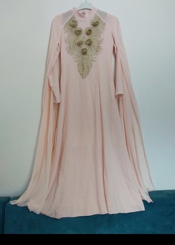 Pudra Rengi Yüksek Yakalı Uzun Abiye Elbise - Görsel 7