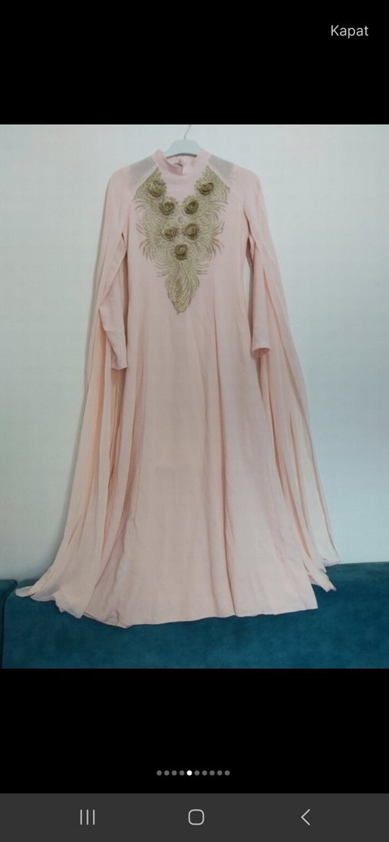 Pudra Rengi Yüksek Yakalı Uzun Abiye Elbise - Görsel 4