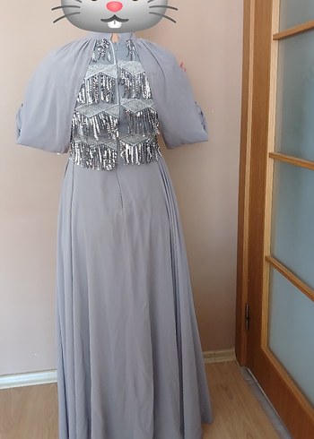 Gri İşlemeli Uzun Kollu Abiye Elbise - Görsel 4