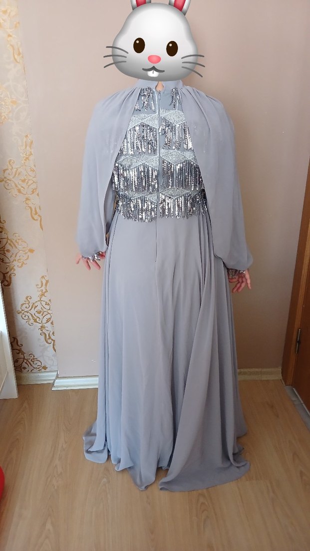 Gri İşlemeli Uzun Kollu Abiye Elbise - Görsel 5