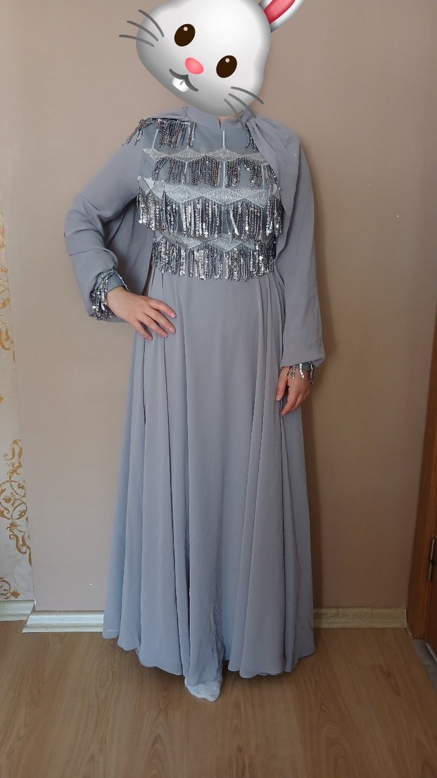 Gri İşlemeli Uzun Kollu Abiye Elbise - Görsel 2