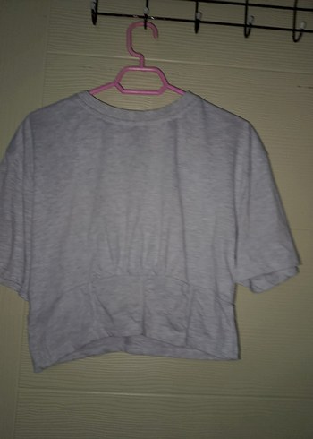 Gri Keten Kadın Kısa Kollu Salaş Tişört - Görsel 2